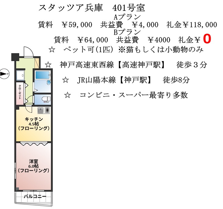 神戸市兵庫区新開地(神戸高速線新開地)のマンション賃貸物件 間取画像
