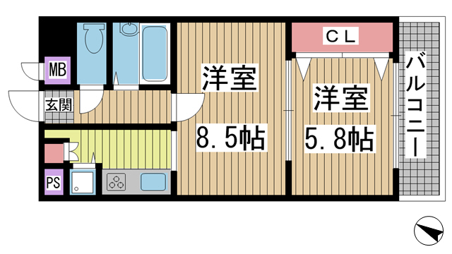 神戸市中央区御幸通(JR東海道本線(近畿)三ノ宮)のマンション賃貸物件 間取画像